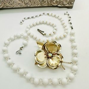 Vintage milkglass necklaces mod flower brooch